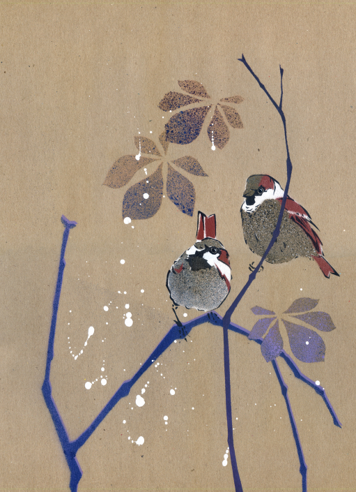 House Sparrows on brown paper